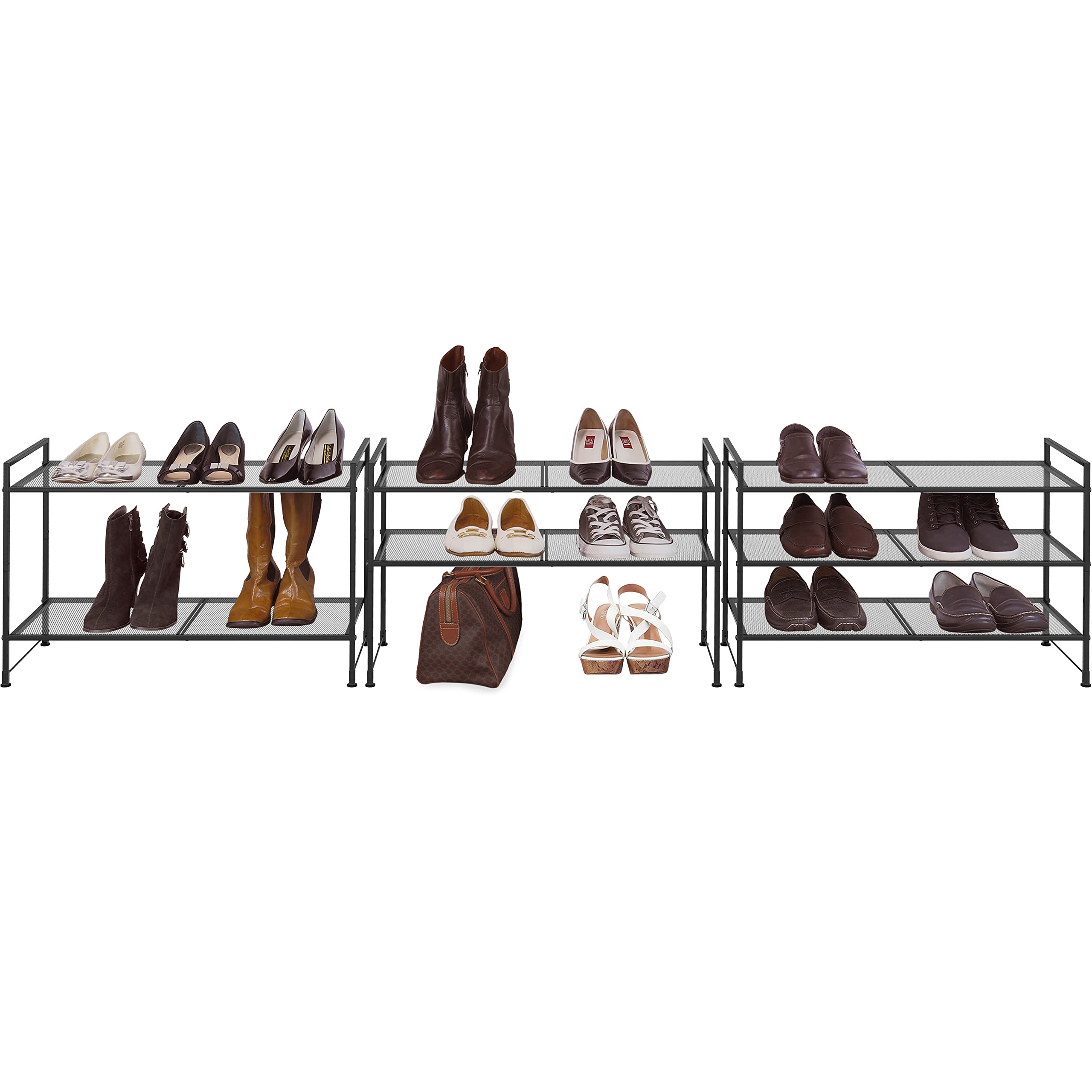 Simple Houseware rack in use with varied shoes, demonstrates capacity and easy access