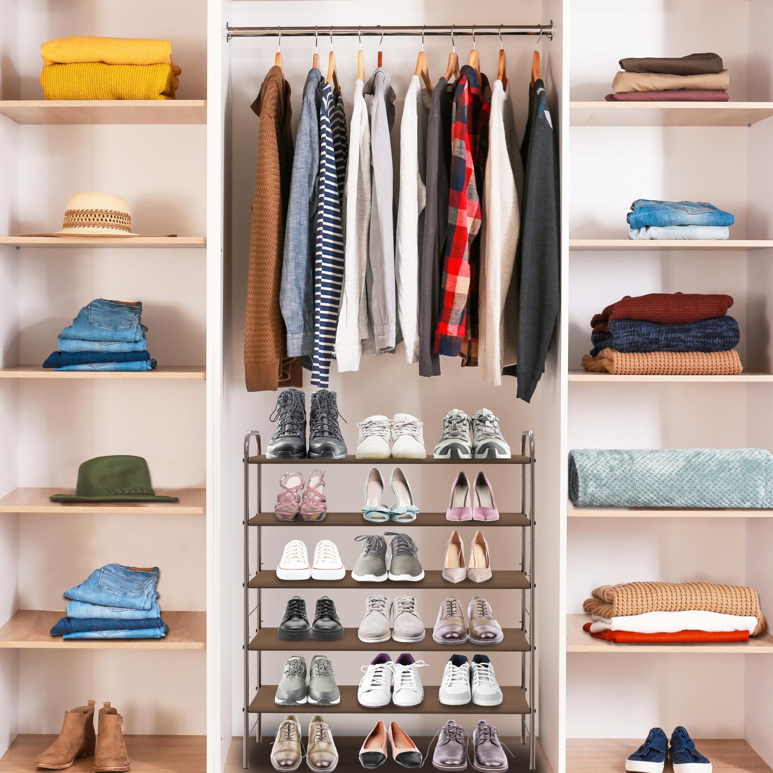 Simple Houseware shelves loaded with shoes displaying accessible organization and capacity