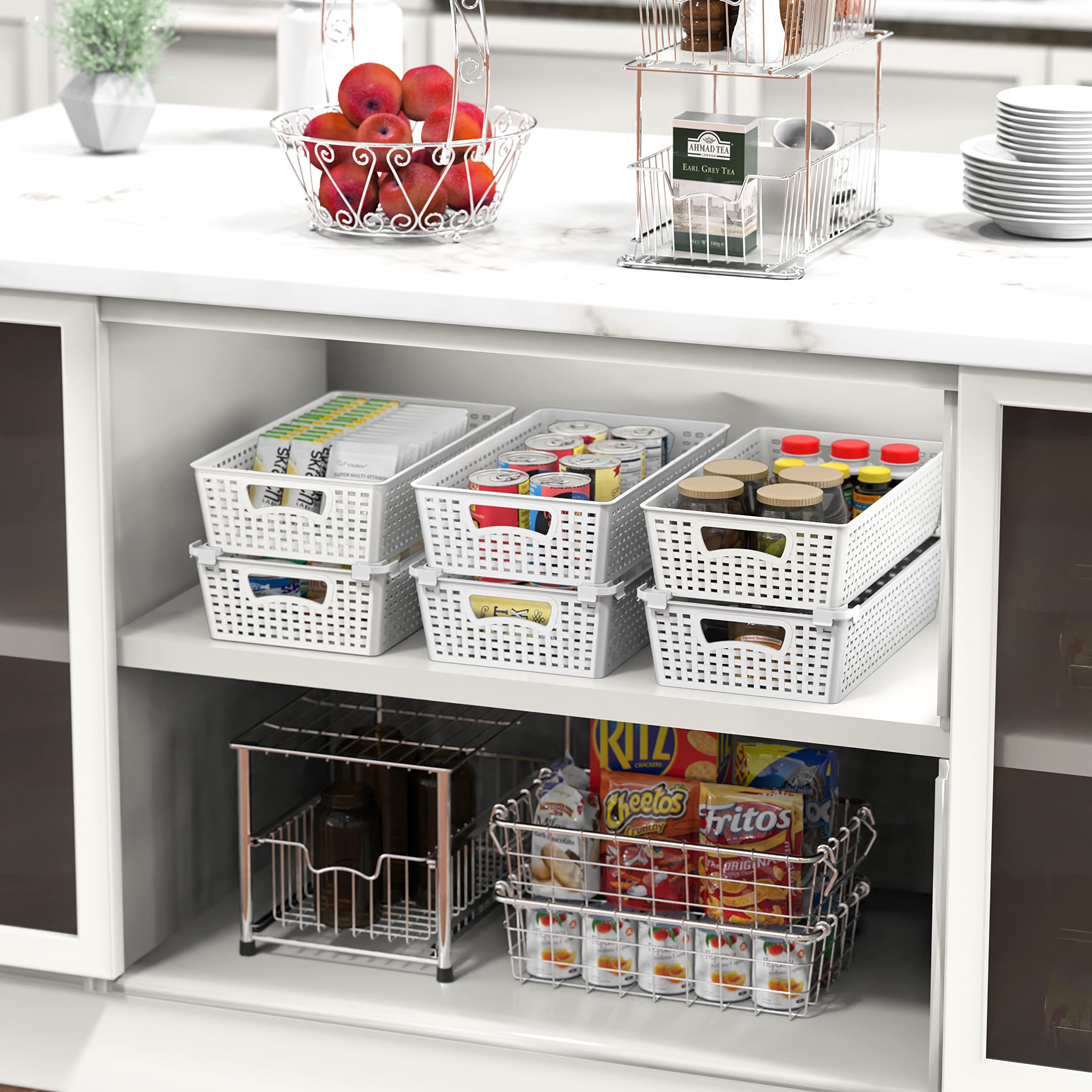Simple Houseware stacked baskets on shelf saving vertical space and organization