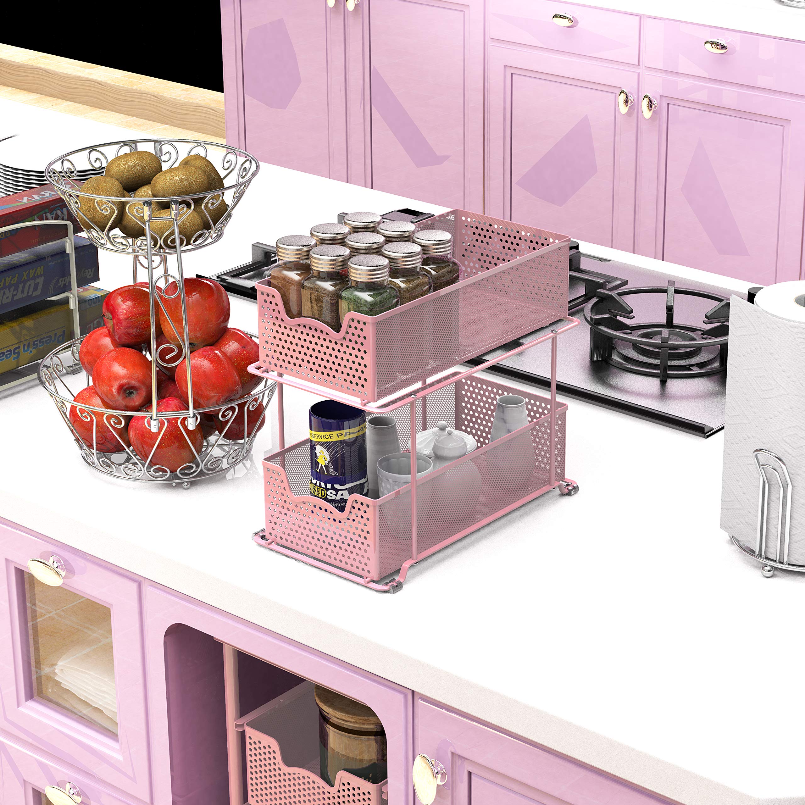 Simple Houseware upper and lower baskets filled with toiletries showing neat, visible storage