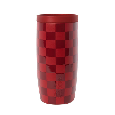 Simple Modern checkered front view showing sleek cup and brand benefit