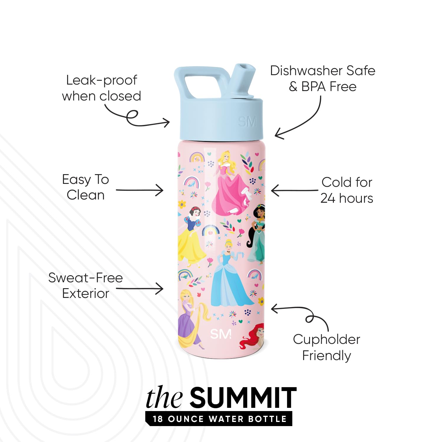 Simple Modern Disney Princess straw lid close-up highlighting spill-proof closure benefit