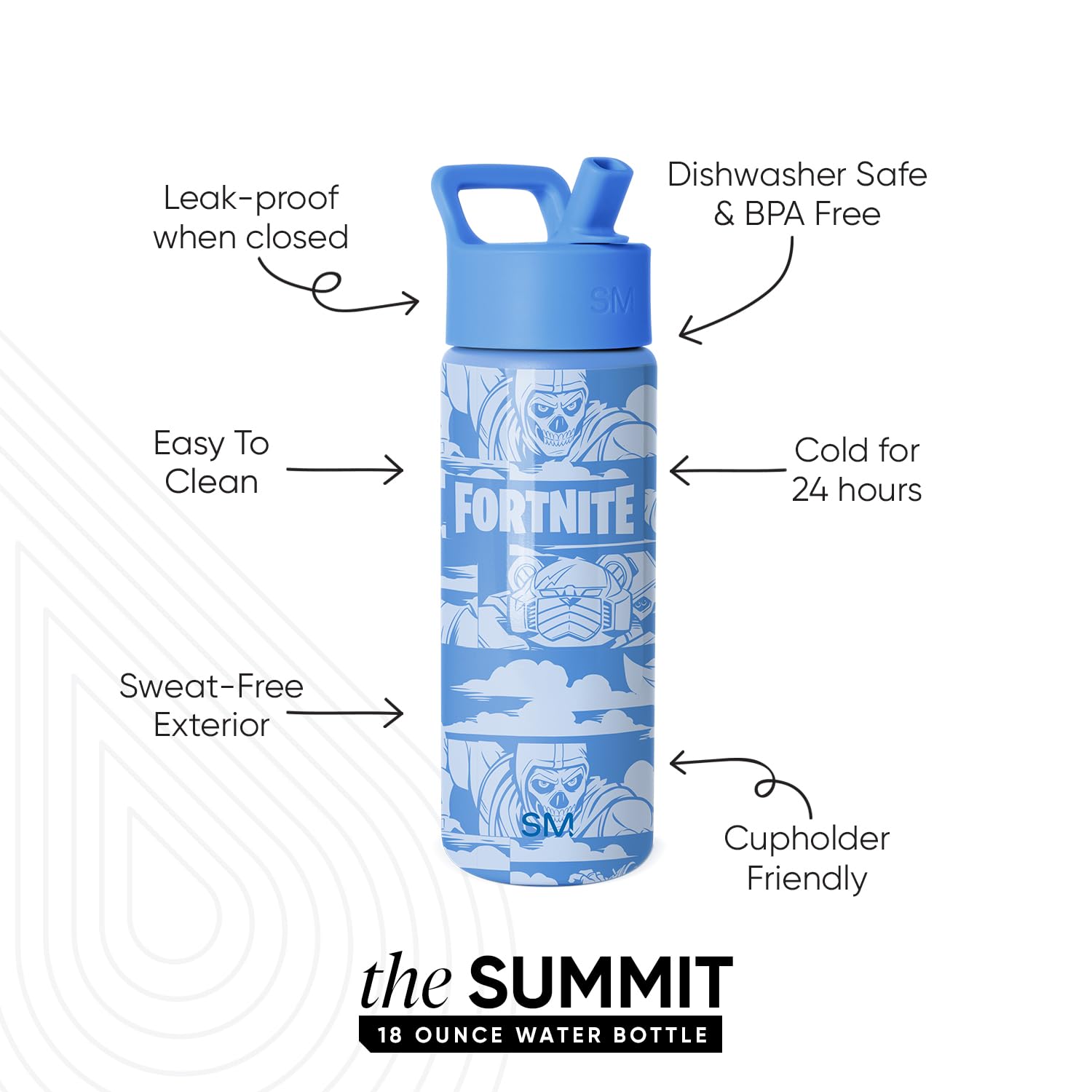Simple Modern Fortnite straw lid closeup showing secure nozzle and easy sip benefit