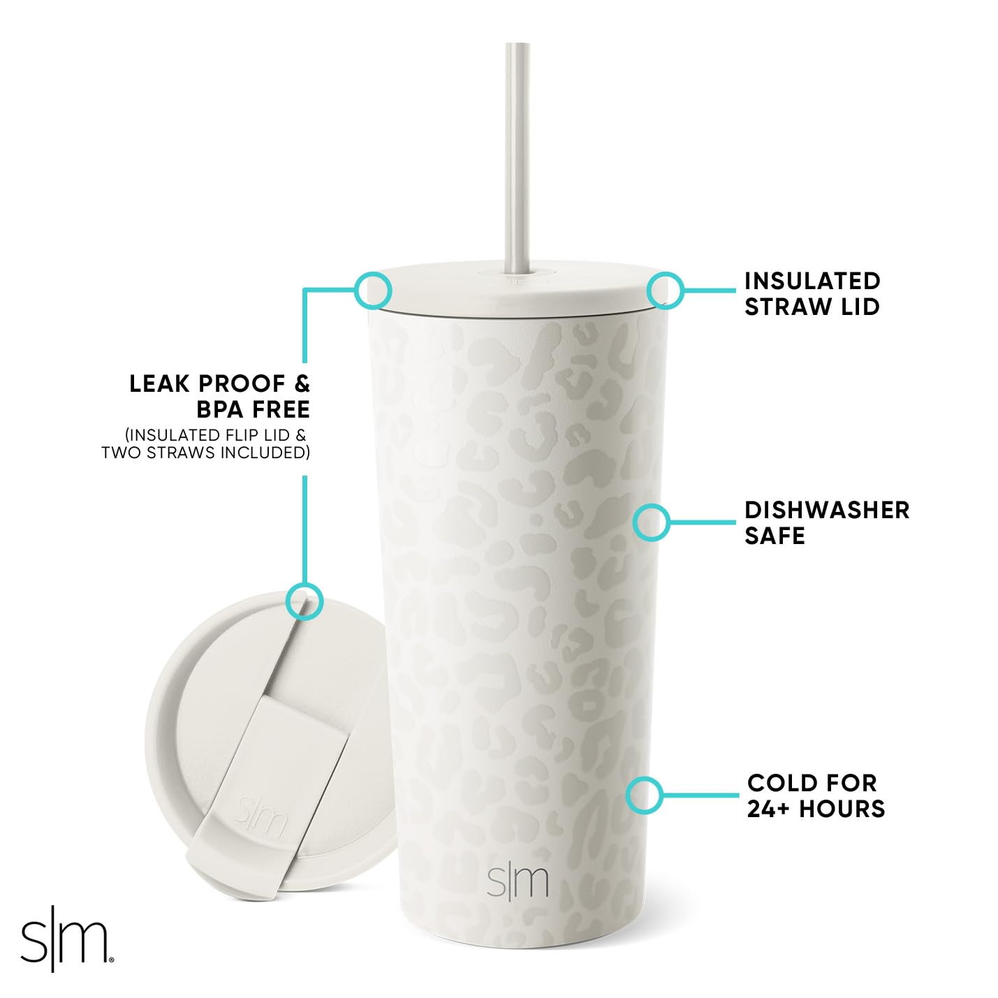 Simple Modern leopard lid and straw detail highlighting silicone gasket that reduces leaks