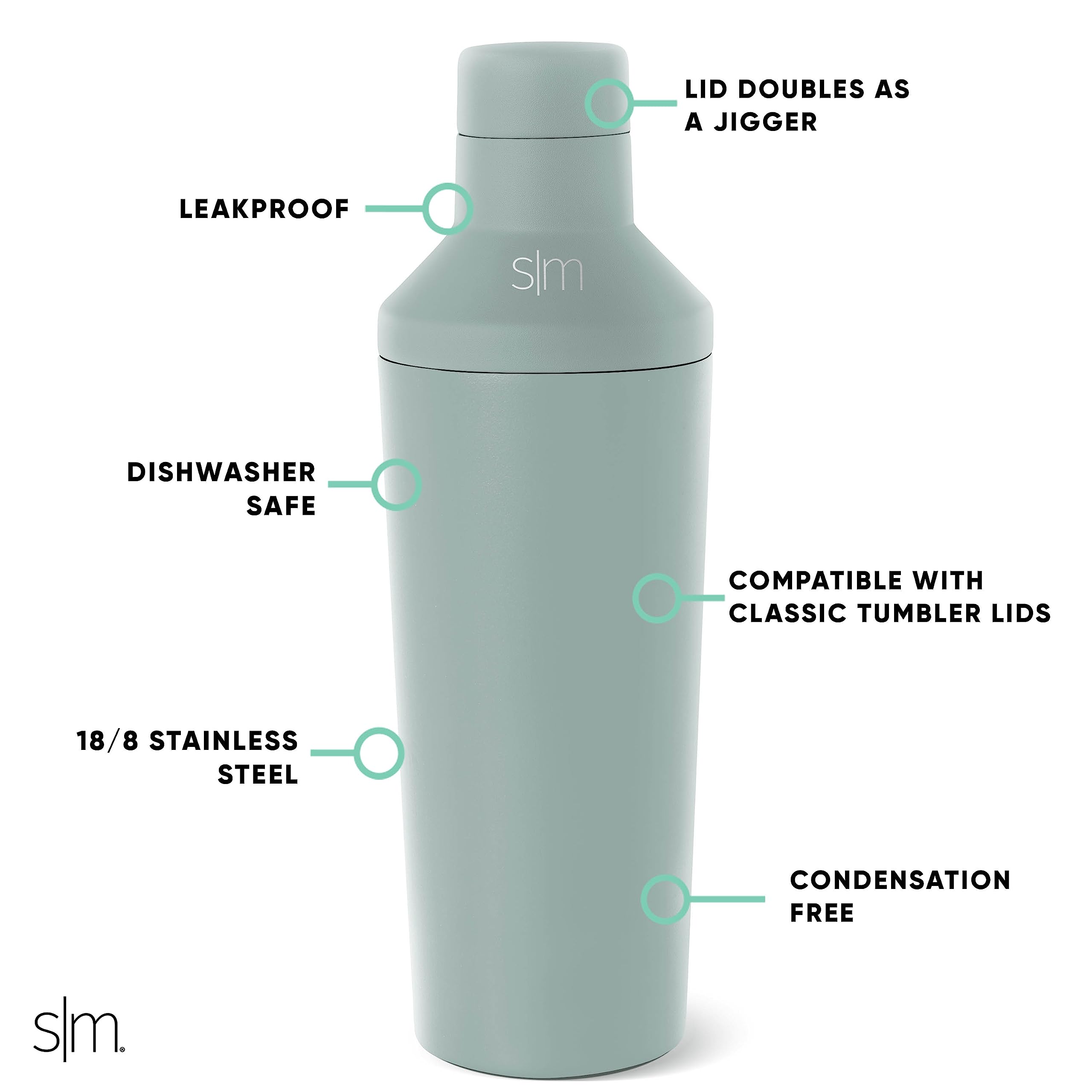 Simple Modern shaker lid and jigger close-up demonstrating leakproof seal and precise measuring benefit