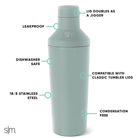 Simple Modern shaker lid and jigger close-up demonstrating leakproof seal and precise measuring benefit
