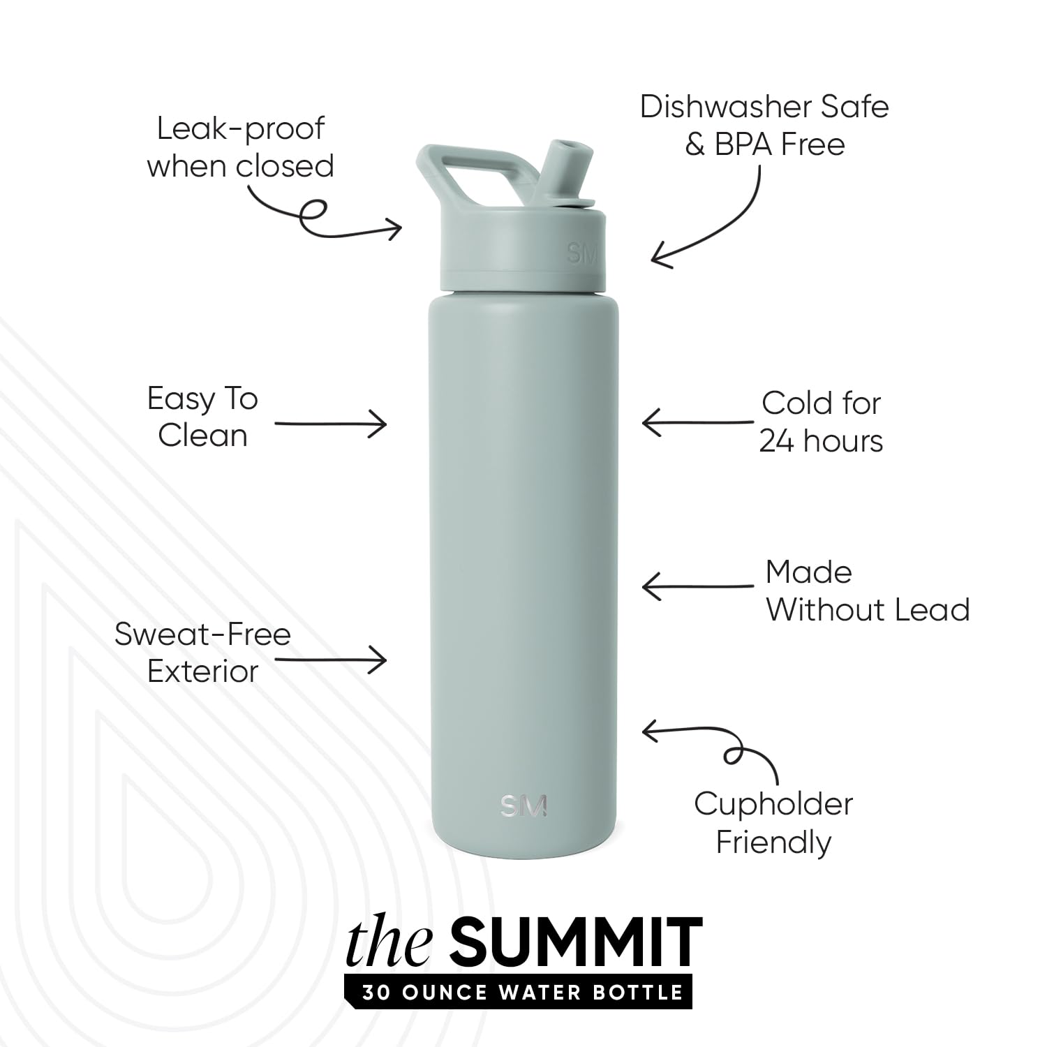Simple Modern Summit straw lid close-up showing leak-resistant nozzle benefit: spill control