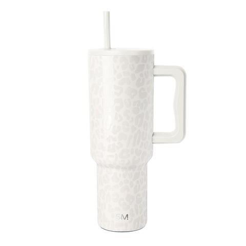 Simple Modern Trek front view leopard showing full tumbler and handle for easy carry