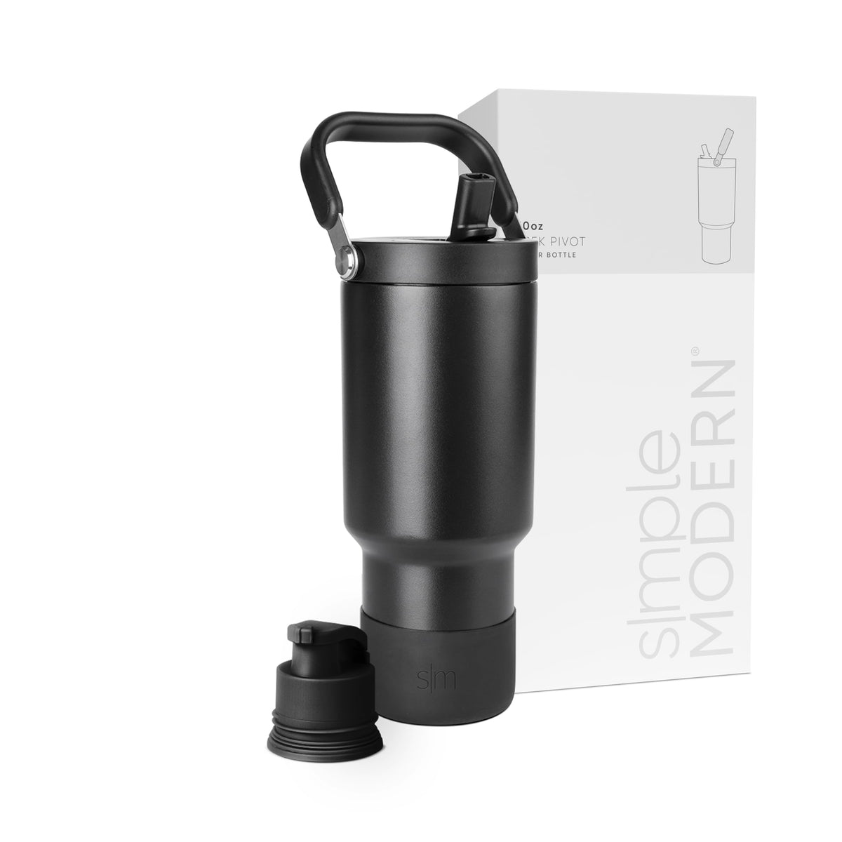 Simple Modern front view of 30oz black Trek Pivot showing sleek insulated design and portability