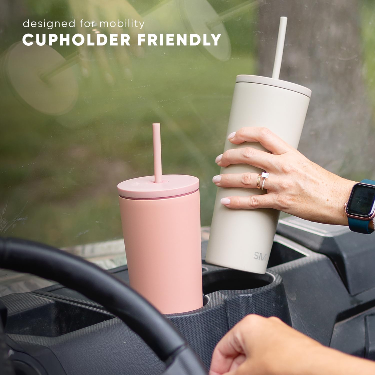Simple Modern tumbler seated in car cupholder showing secure, travel-friendly fit