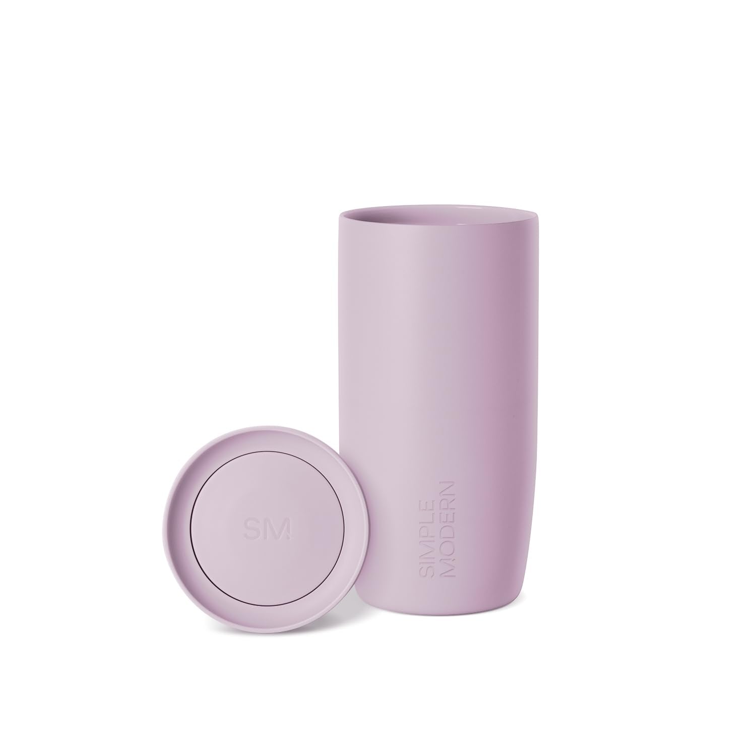 Simple Modern lavender mug front view showing sleek design and color and travel convenience