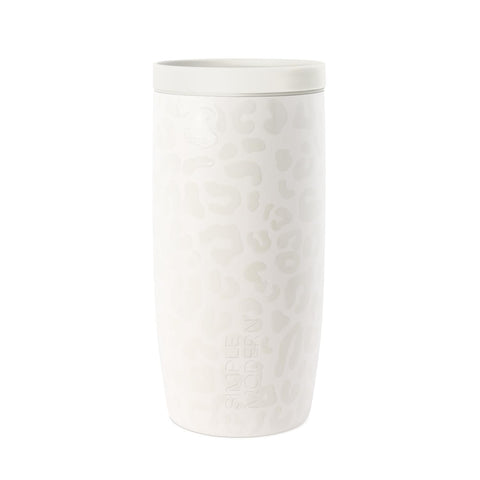 Simple Modern front view of leopard travel mug highlighting design and convenience