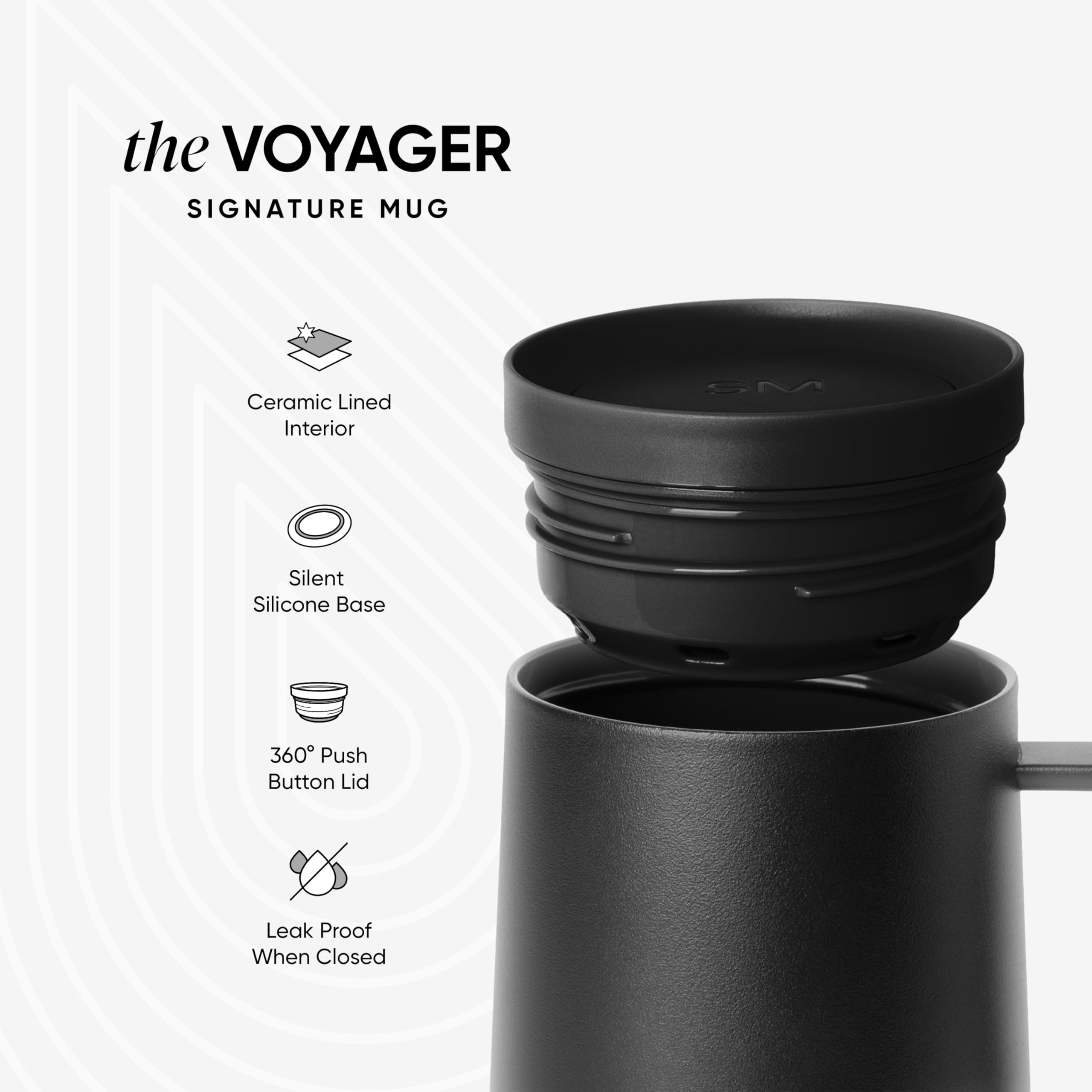 Simple Modern Voyager 360° lid close-up showing push-button design, ensures easy sipping