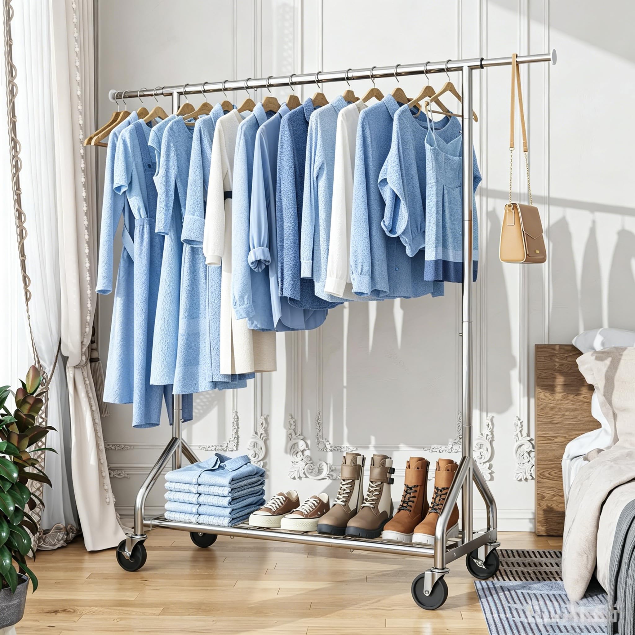 Simple Trending clothes rack assembled in bedroom showing usable lifestyle storage
