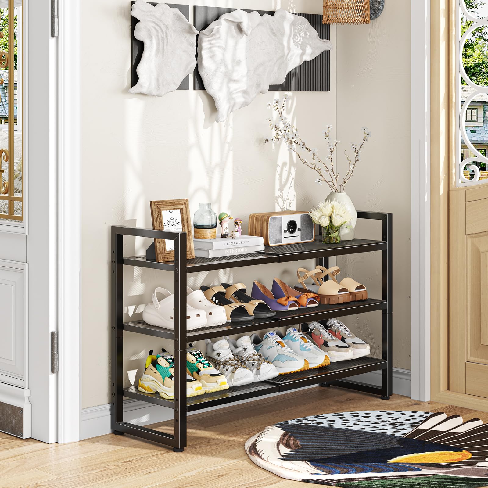 Simple Trending close-up of metal mesh shelf holding high heels securely