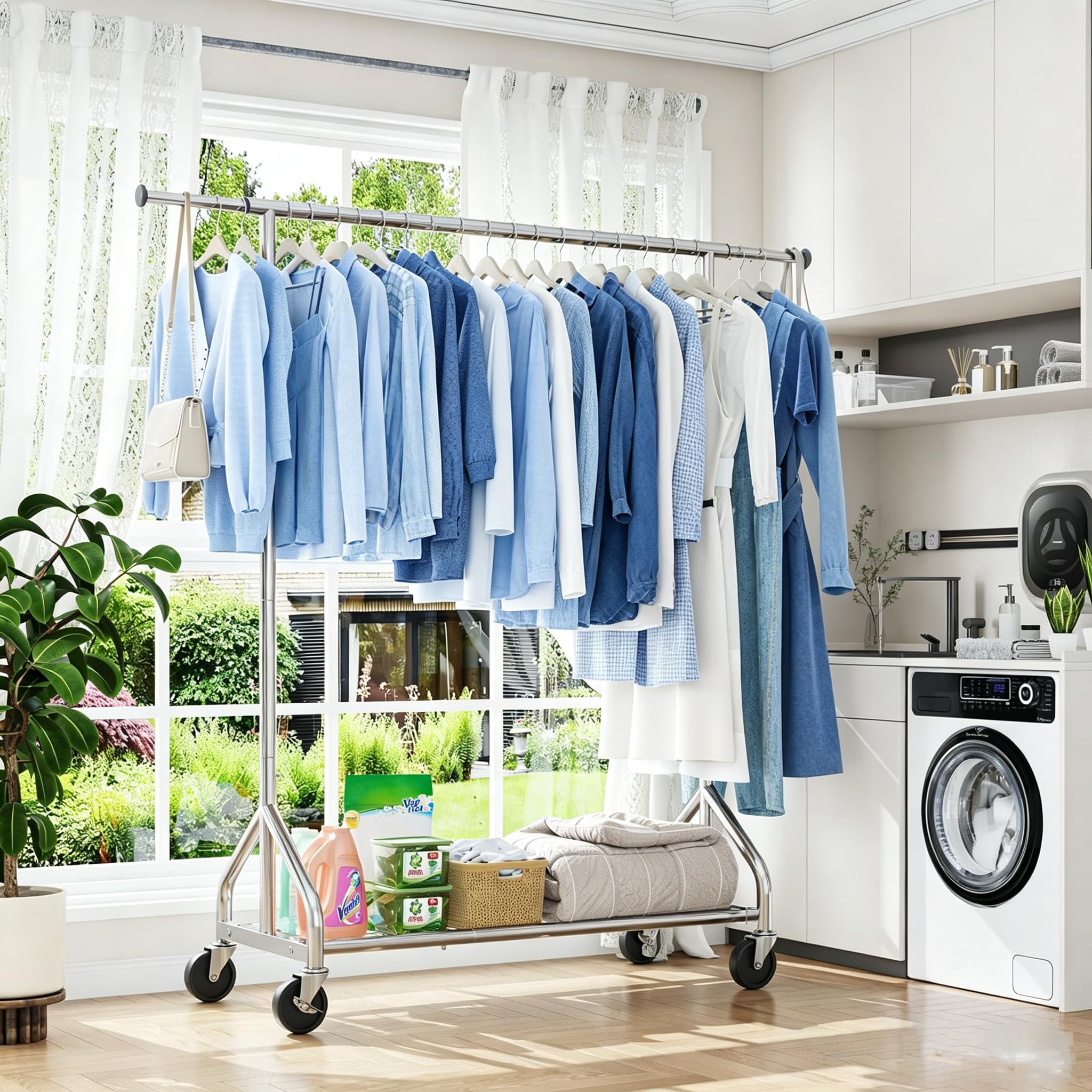Simple Trending rack collapsed beside chair to show compact footprint and scale