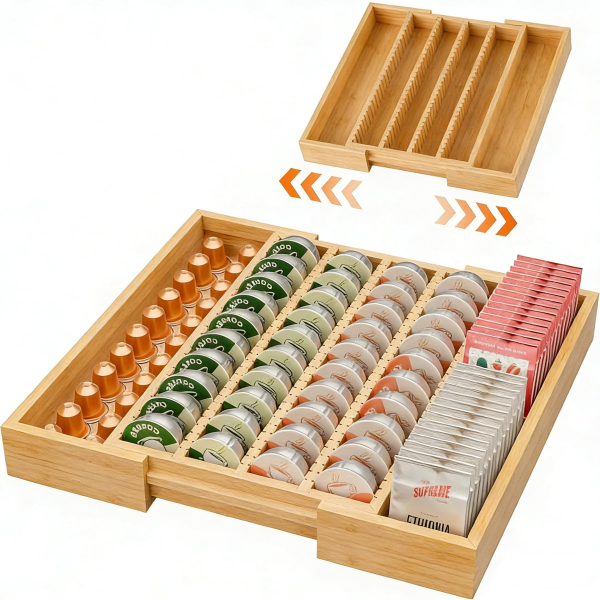 Simple Trending front view of bamboo pod holder showing neat organization and natural finish