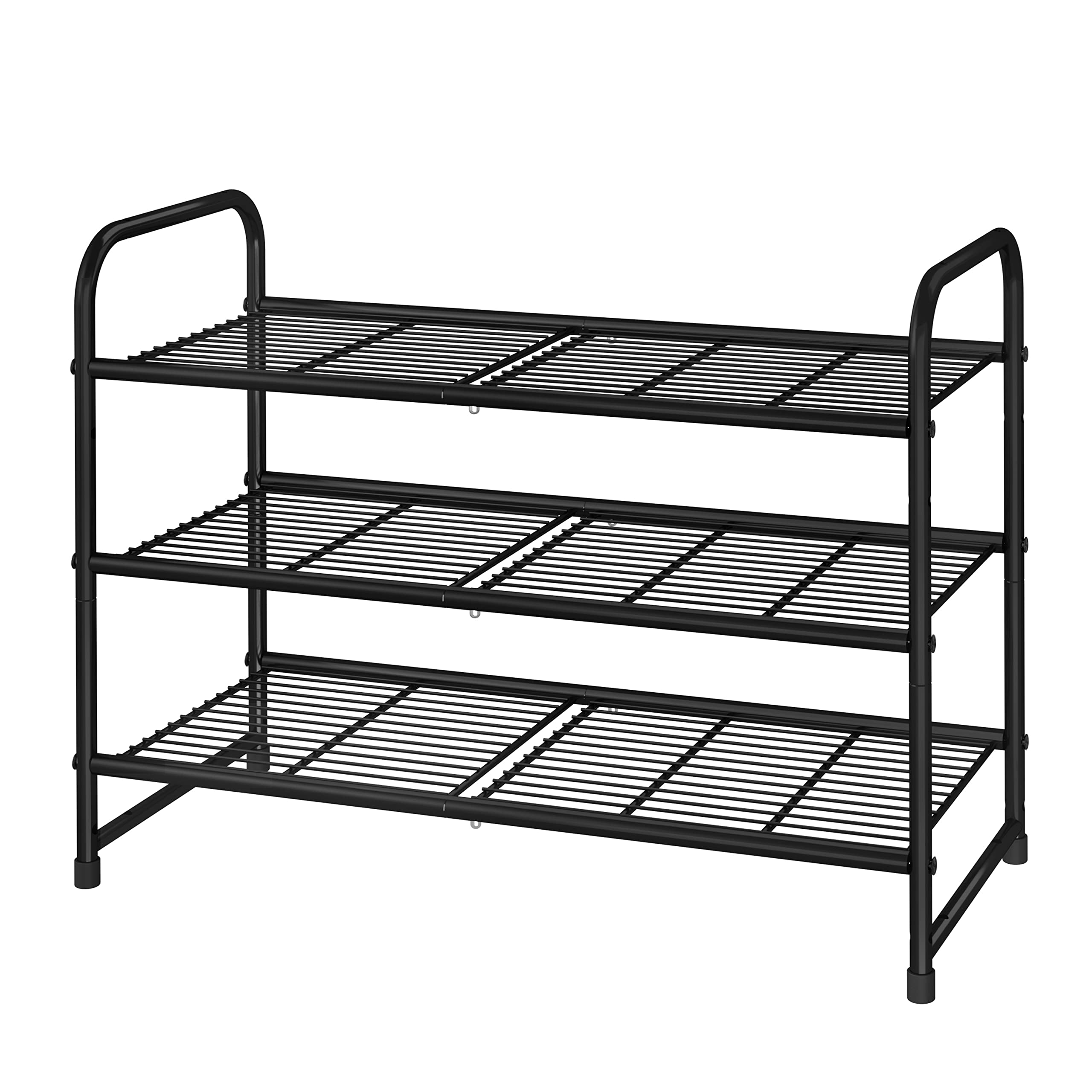 Simple Trending front view of black 3-tier shoe rack showing neat storage benefit