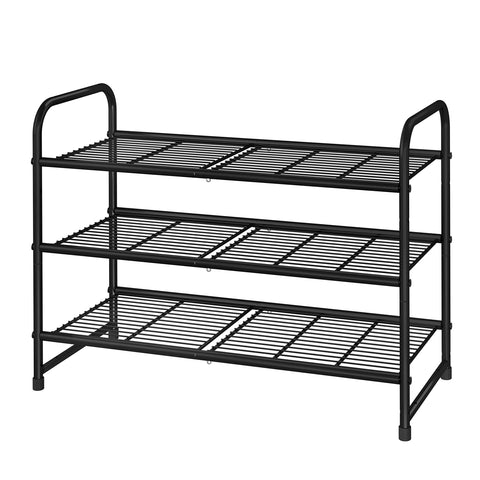 Simple Trending front view of black 3-tier shoe rack showing neat storage benefit