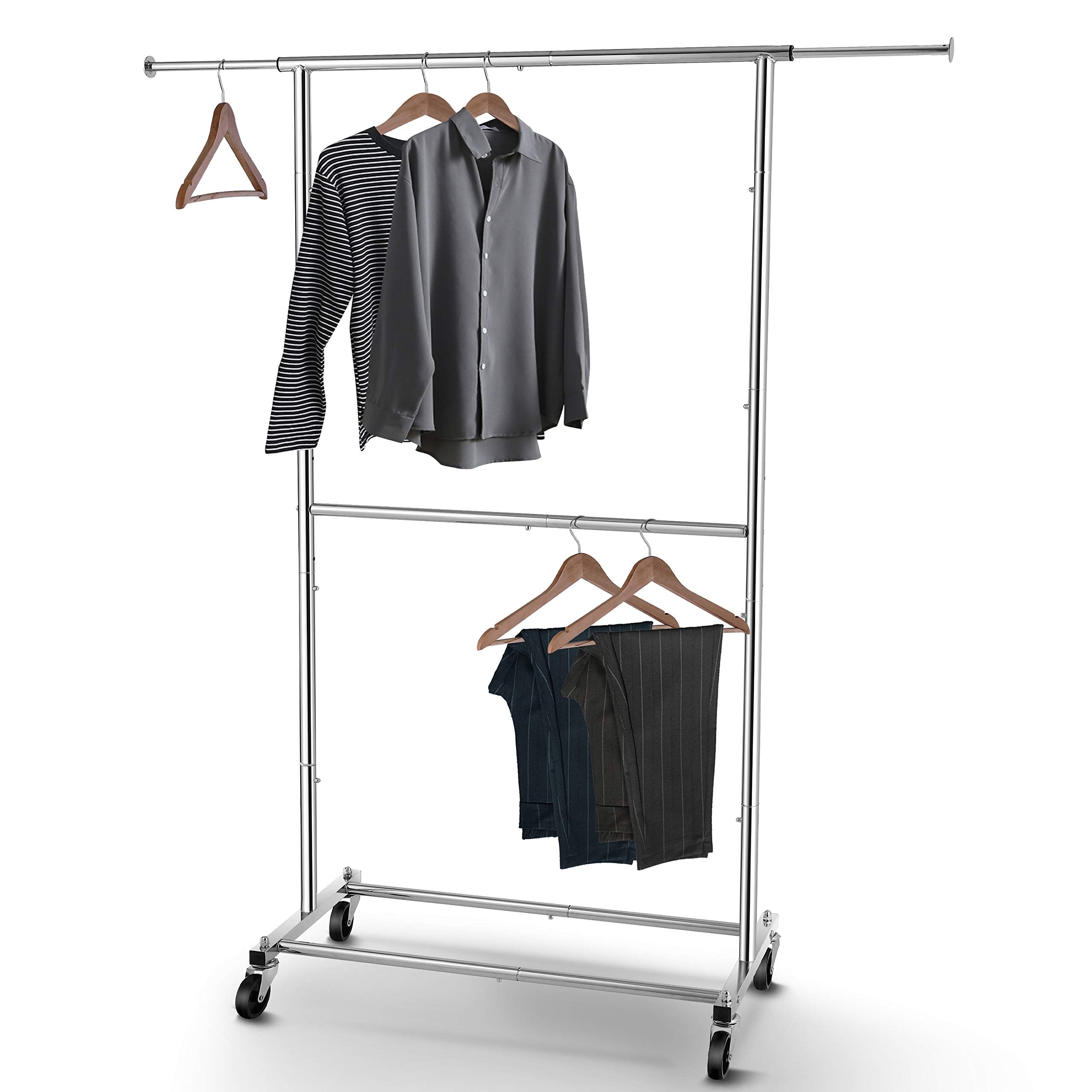 Simple Trending front view of chrome garment rack showing double-rod storage and tidy organization benefit