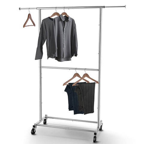 Simple Trending front view of chrome garment rack showing double-rod storage and tidy organization benefit