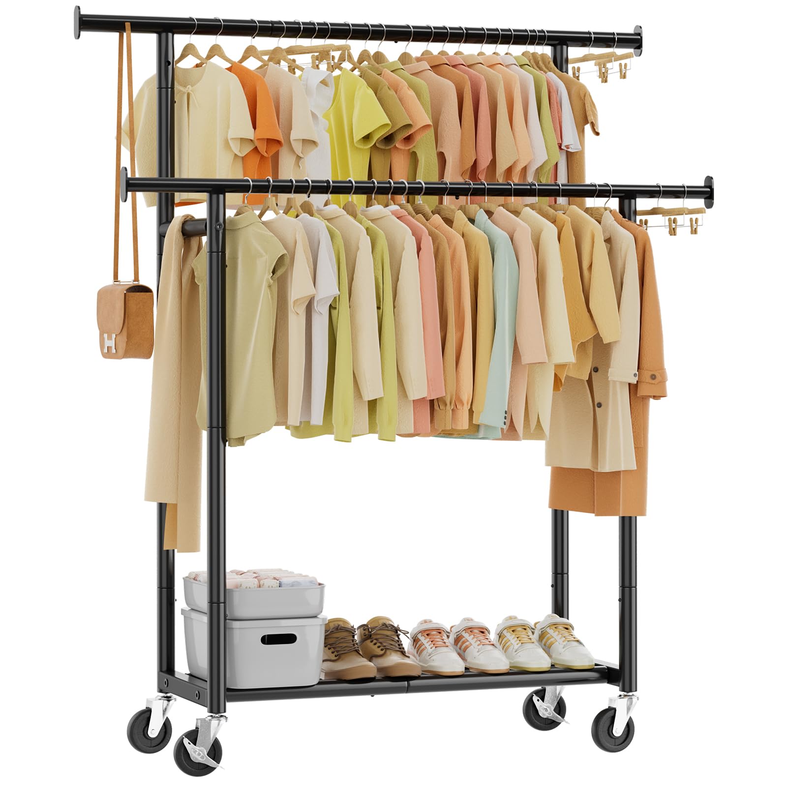 Simple Trending front view of double-rod rack showing organized clothes and space-saving benefit
