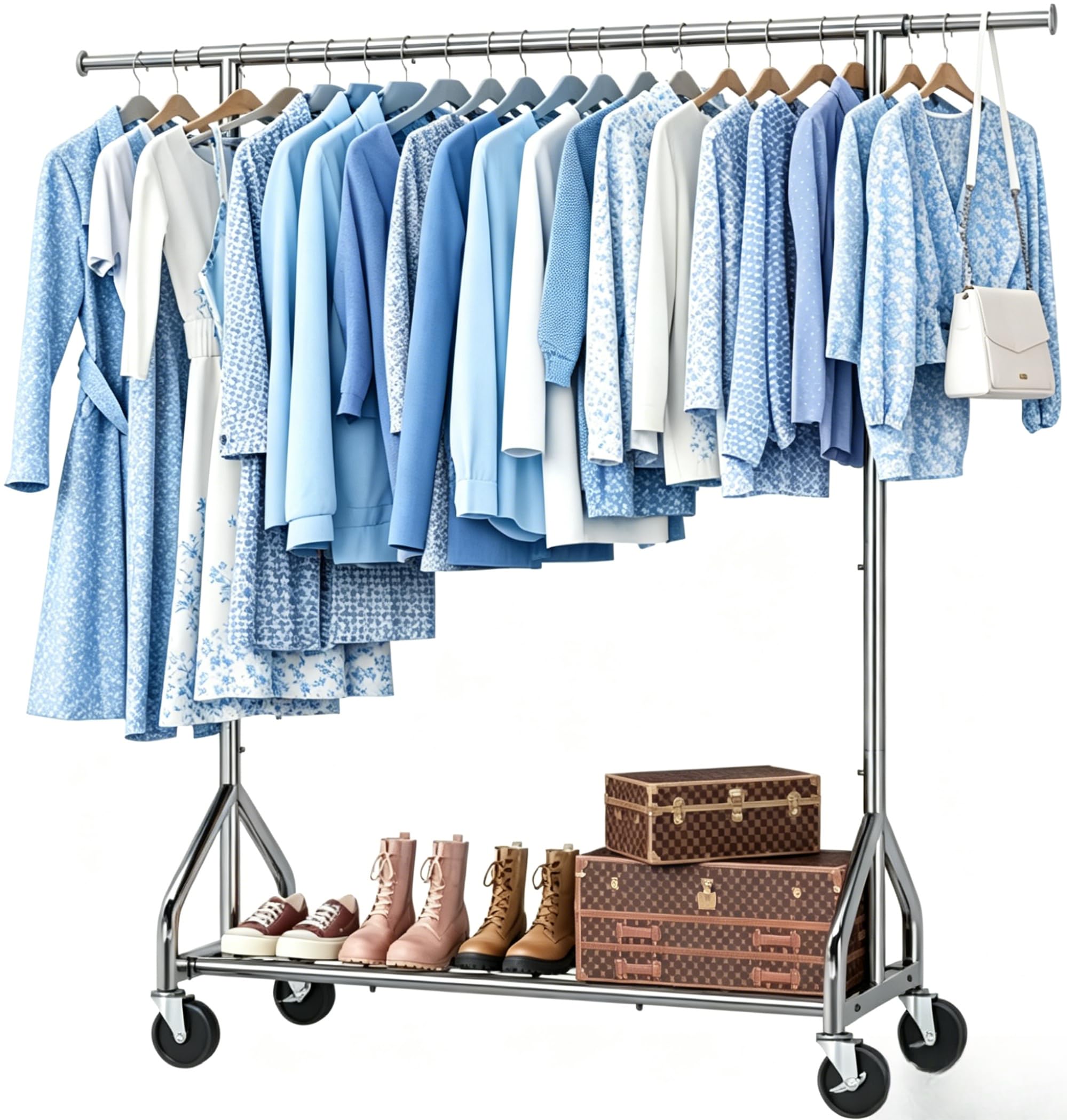 Simple Trending front view of silver clothes rack showing hanging capacity and style