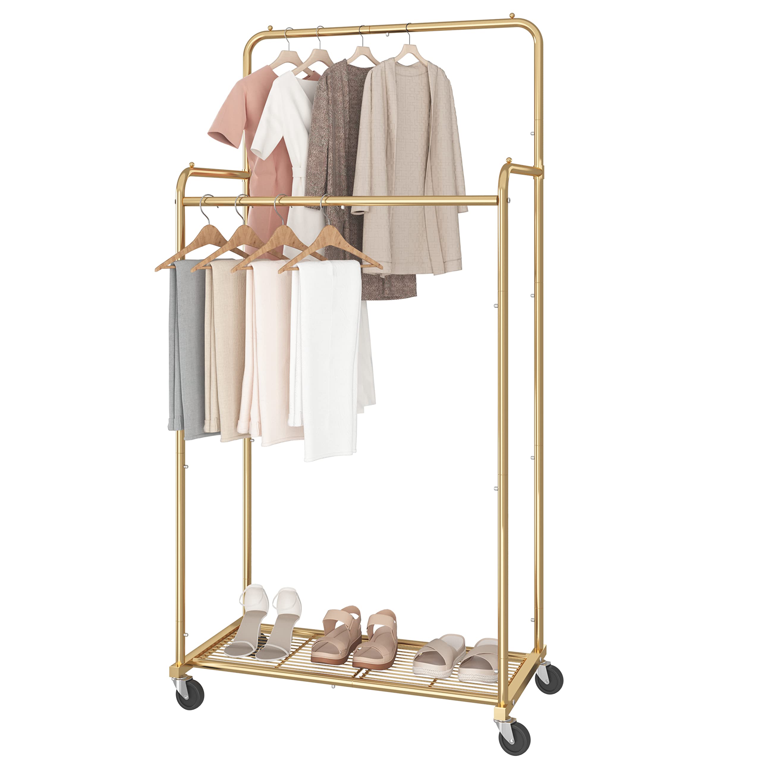 Simple Trending front view of gold double-rod rack showing hanging capacity and organized look