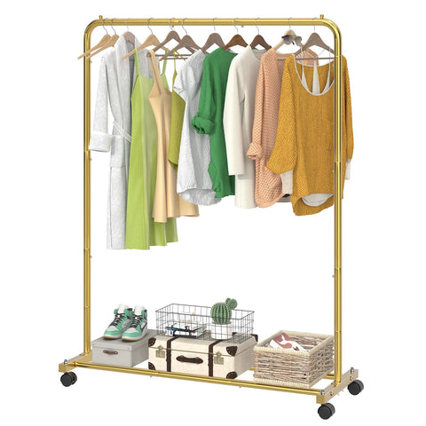 Simple Trending front view of gold garment rack showing organized clothing and neat display benefit