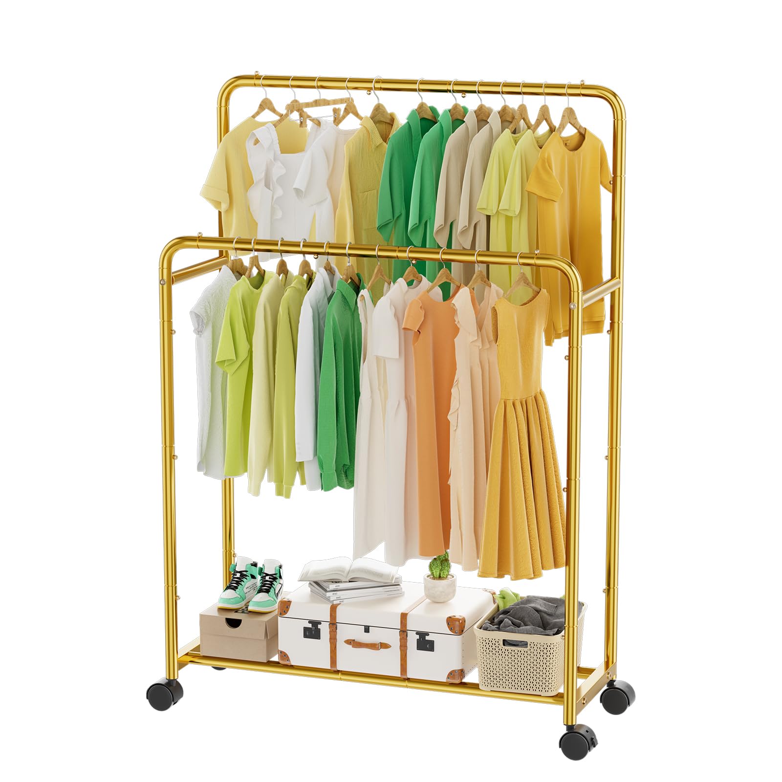 Simple Trending gold front view of double-rod clothing rack showing neat hanging benefit