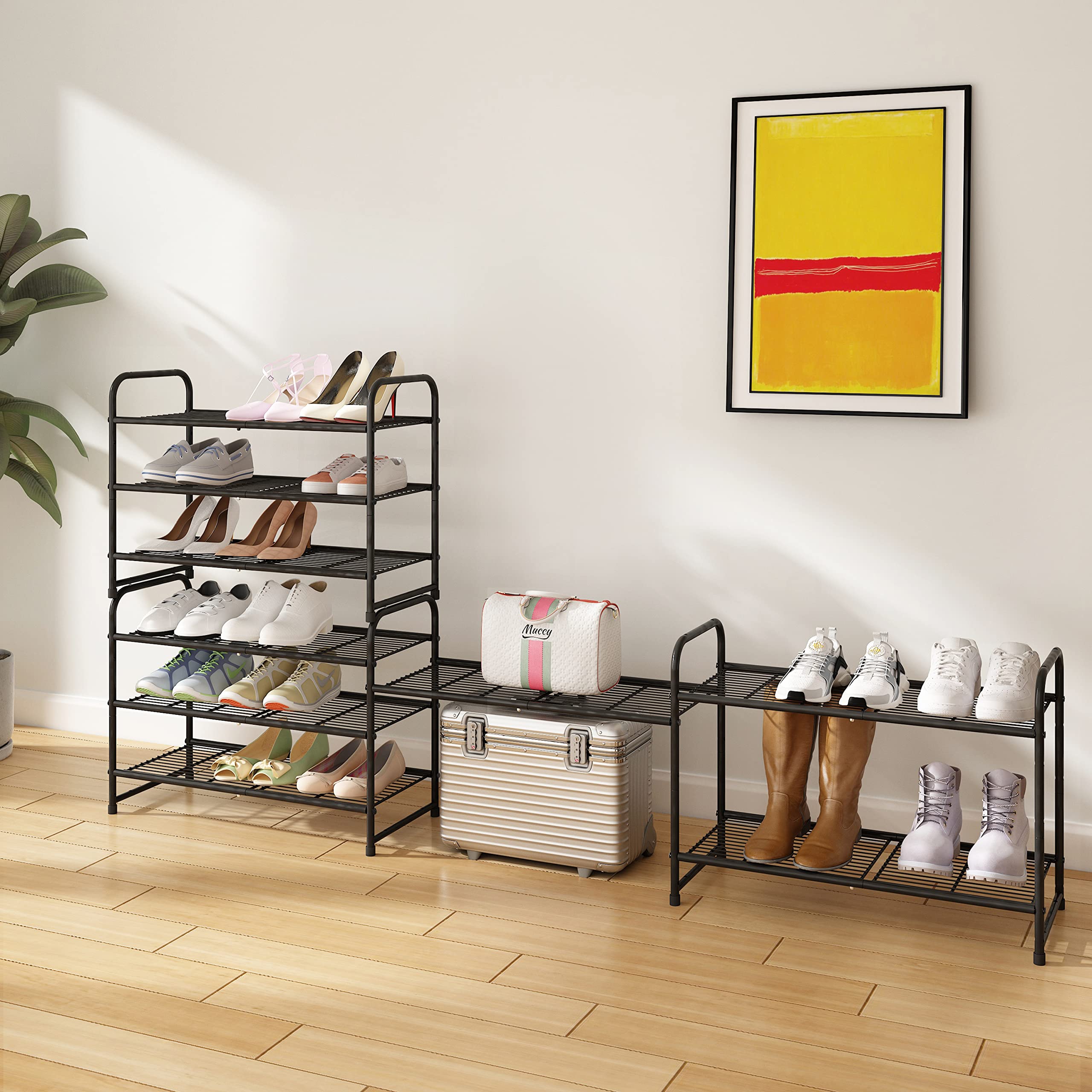 Simple Trending shoe rack beside shoes illustrating size and capacity benefit