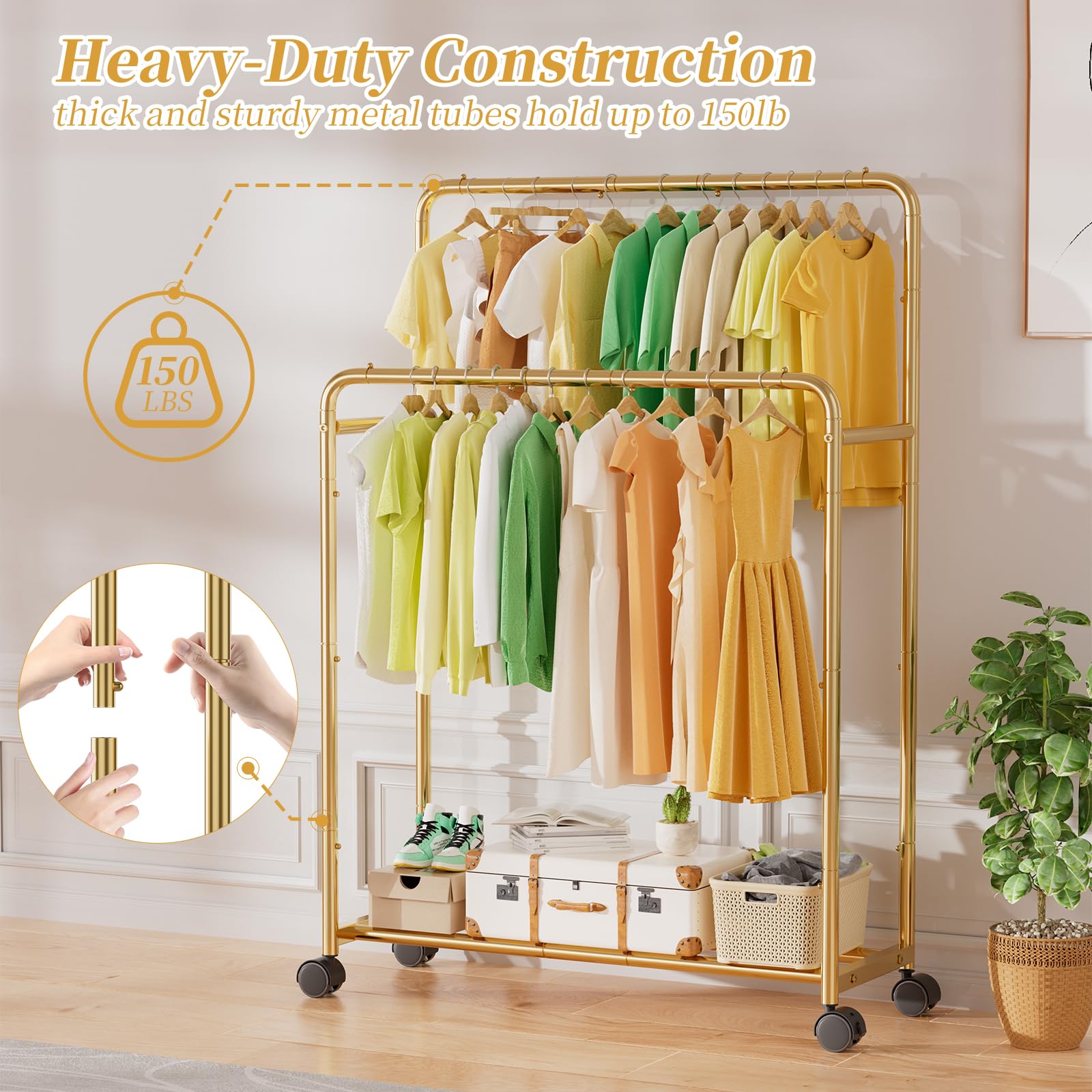 Simple Trending rack with clothes for scale showing generous capacity and practical use benefit