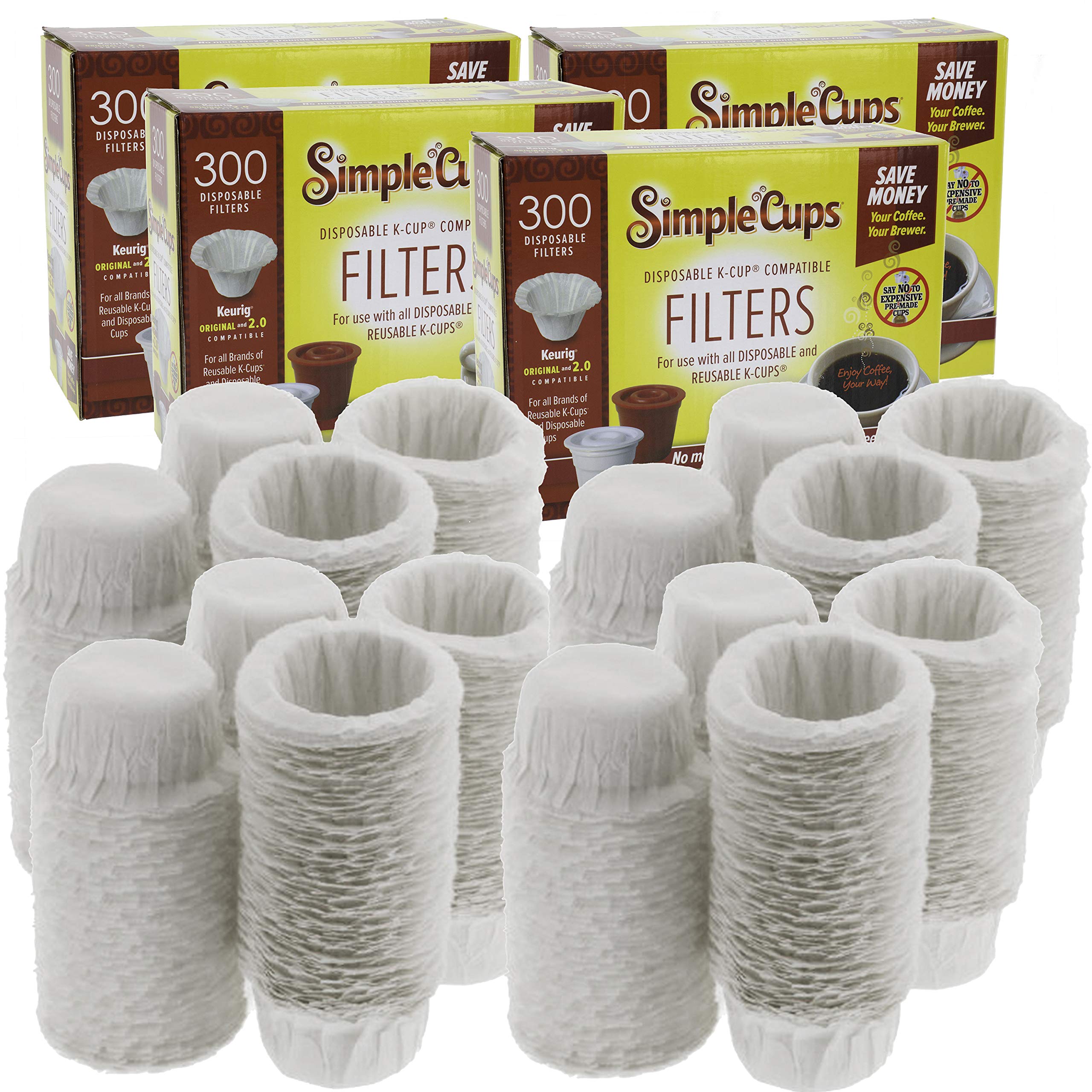 SIMPLECUPS front packaging showing 1200 paper liners and compatibility list for easy brewing