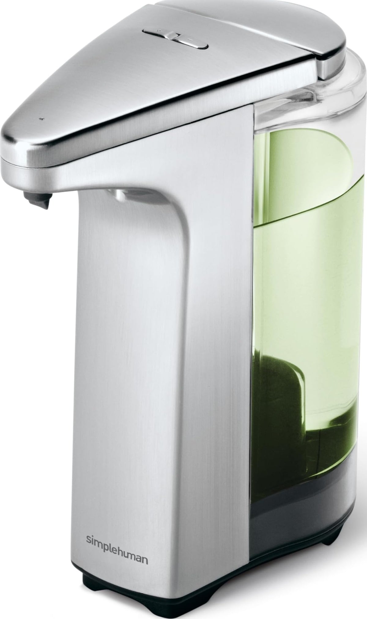 simplehuman brushed nickel front view showing sleek finish and compact design benefit: elegant durability
