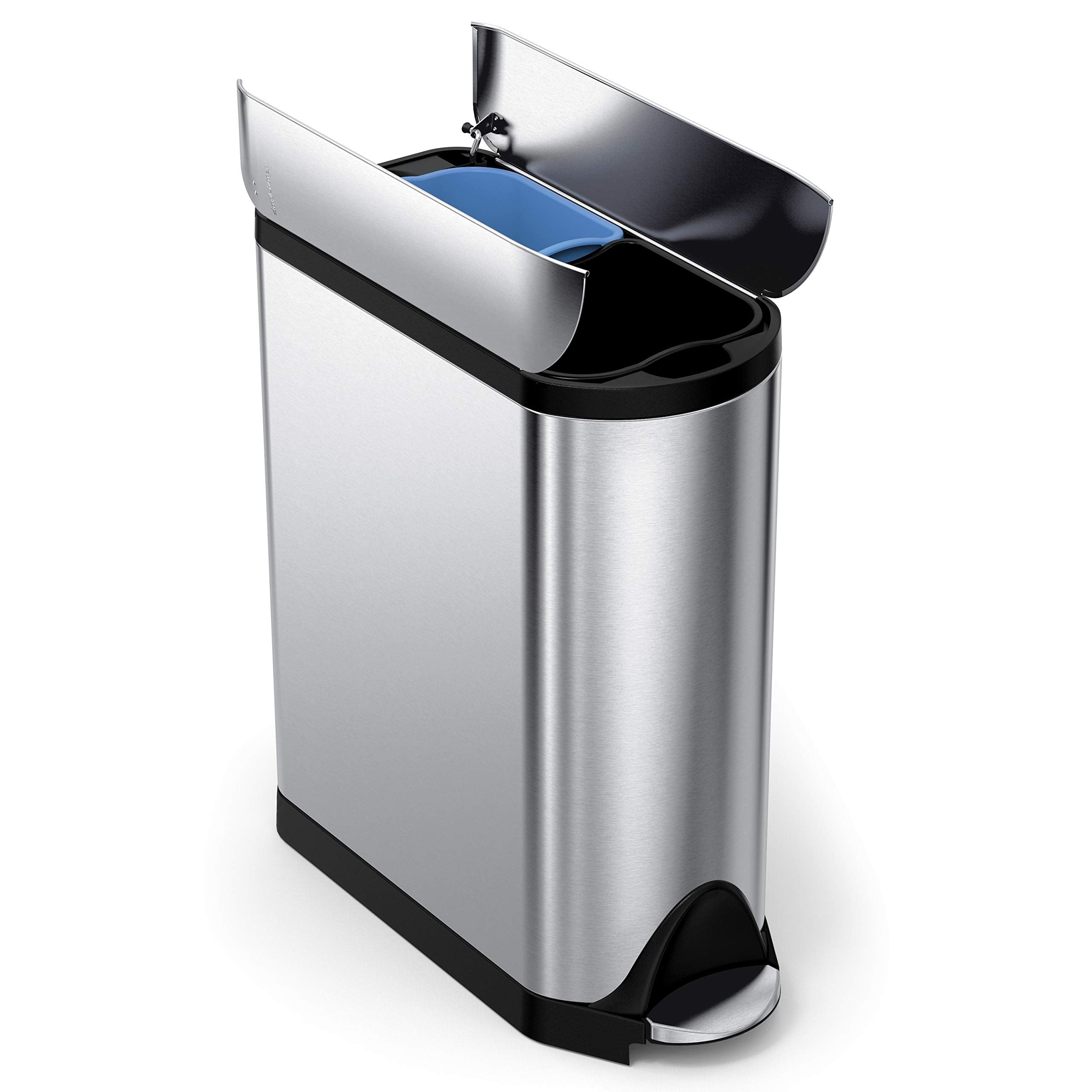 simplehuman front view showing brushed stainless finish and space-saving shape, tidy kitchen benefit