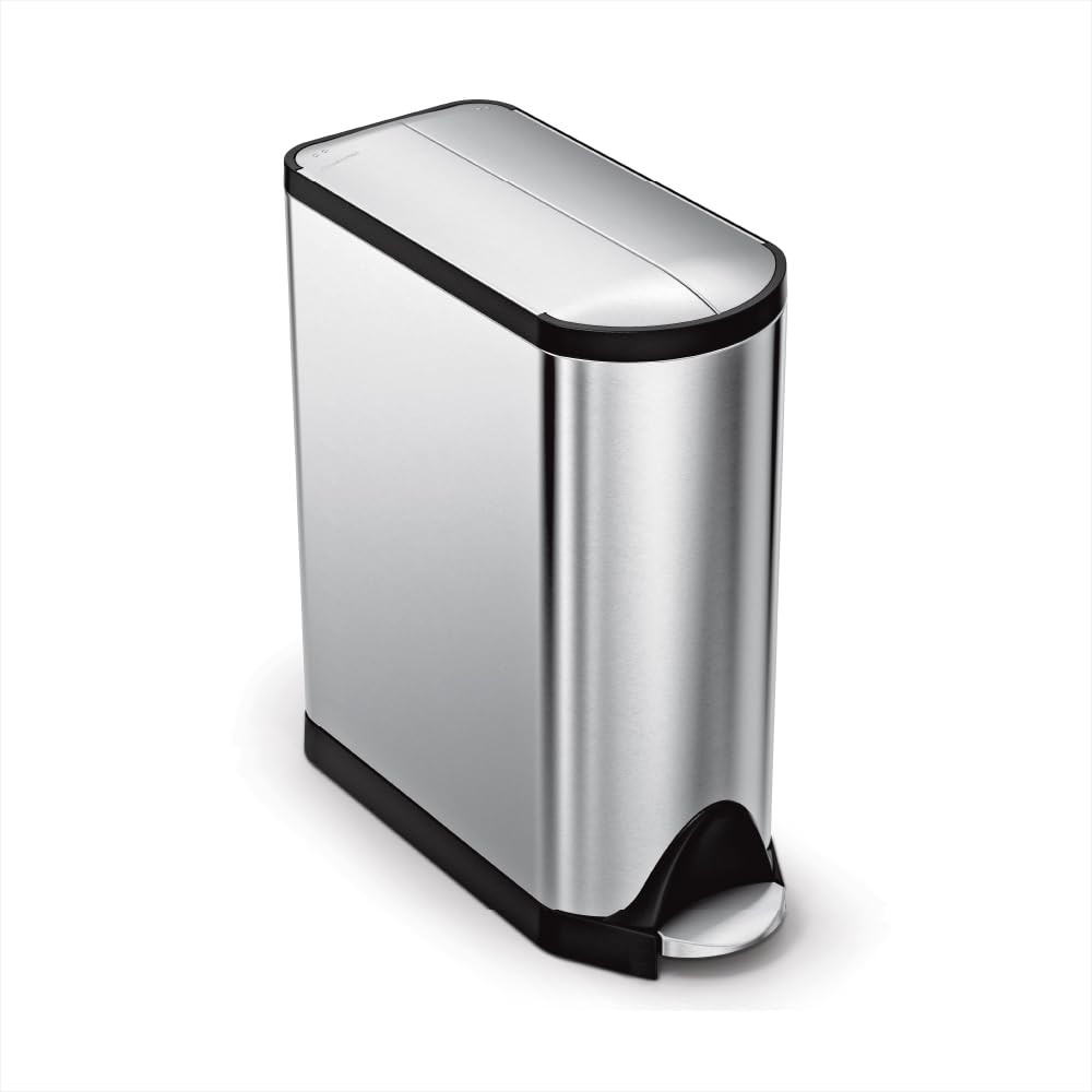 simplehuman front view showing butterfly lid and sleek stainless finish for space-saving