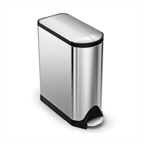 simplehuman front view showing butterfly lid and sleek stainless finish for space-saving