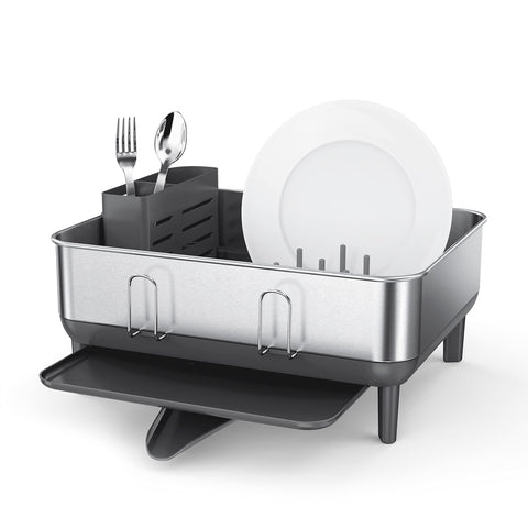 simplehuman front view of compact dishrack showing sleek stainless finish and space saving