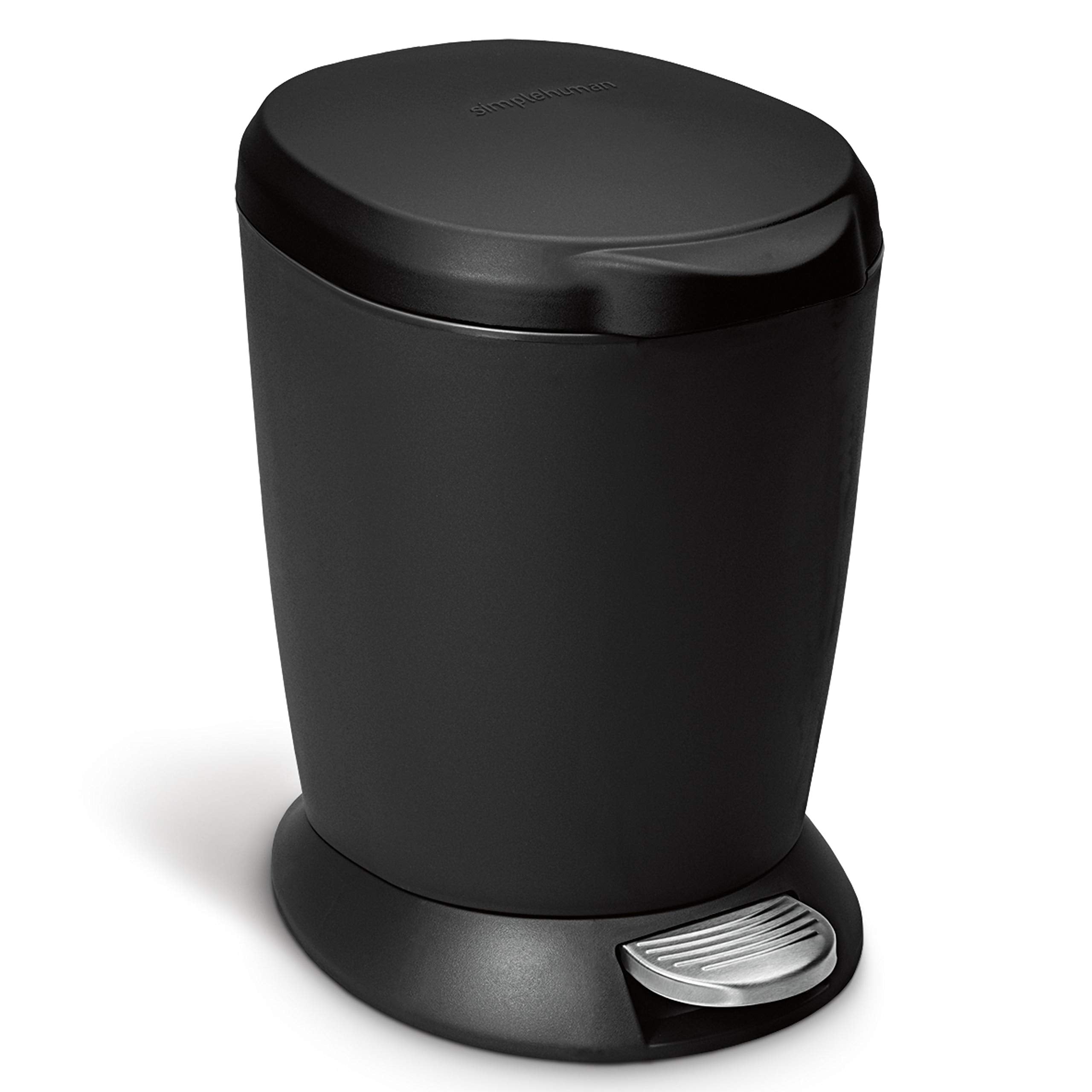 simplehuman compact round step can front view shows small footprint and sleek black finish