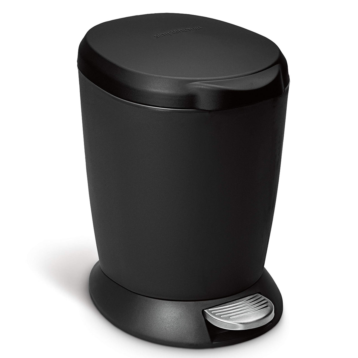 simplehuman compact round step can front view shows small footprint and sleek black finish