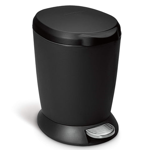 simplehuman compact round step can front view shows small footprint and sleek black finish