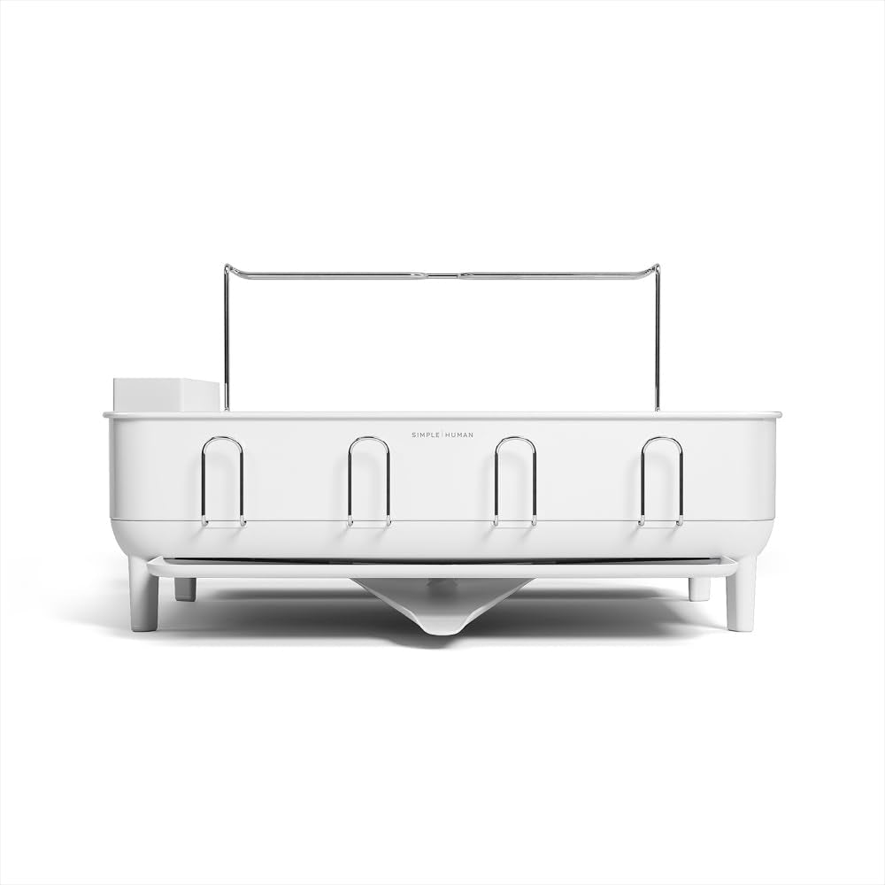 simplehuman front view of full-size dishrack shows capacity and tidy design