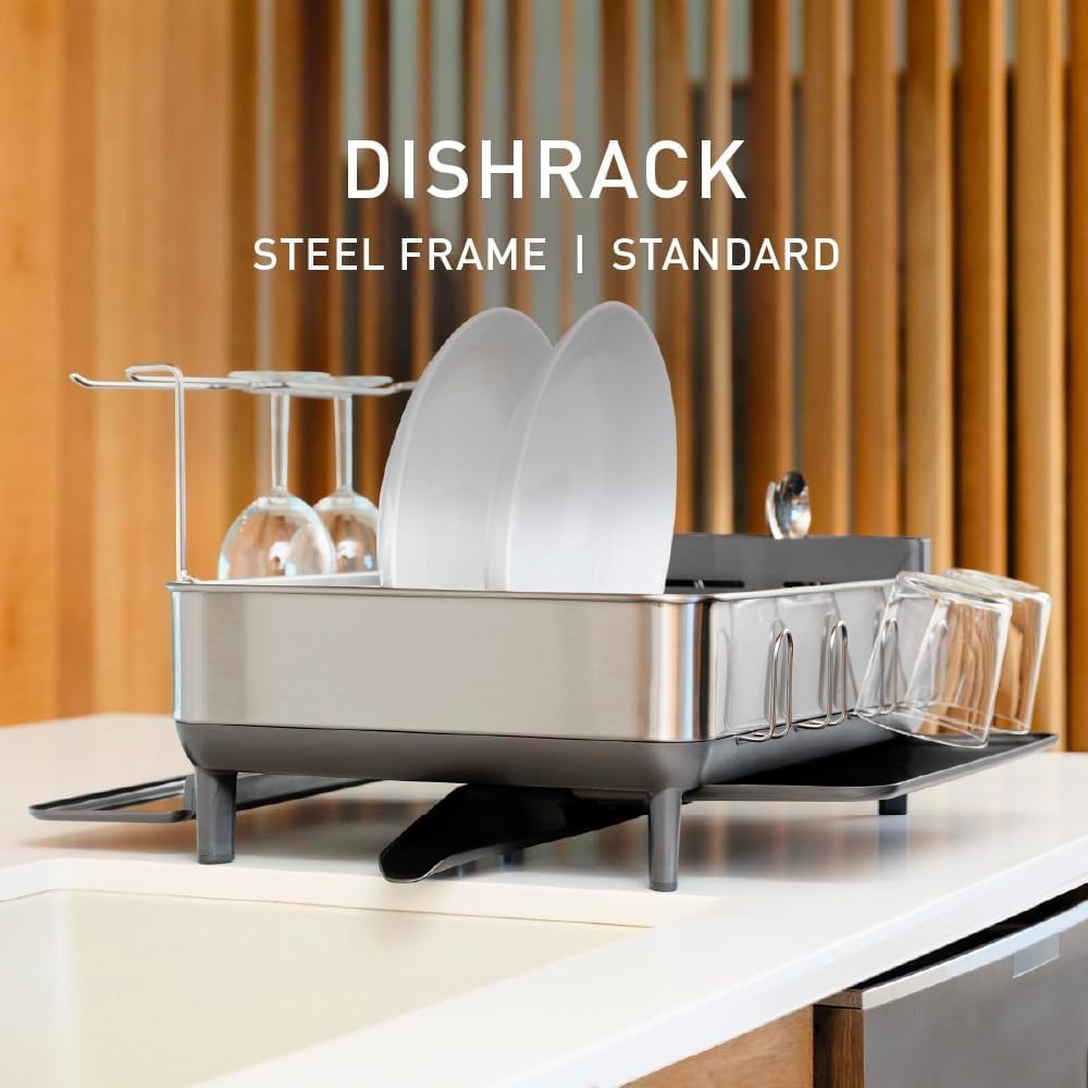simplehuman dishrack on modern countertop showing refined stainless look and tidy storage benefit