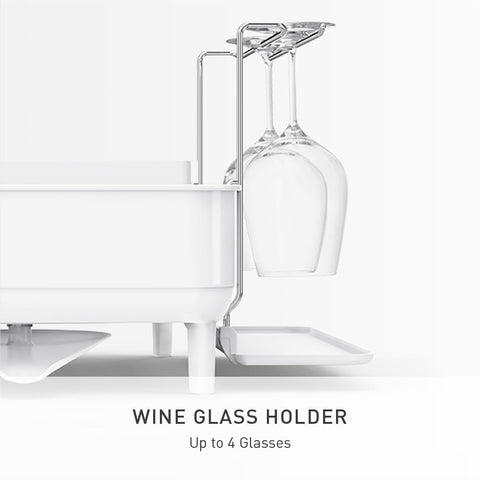 simplehuman dishrack on modern kitchen counter keeps dishes organized and dry