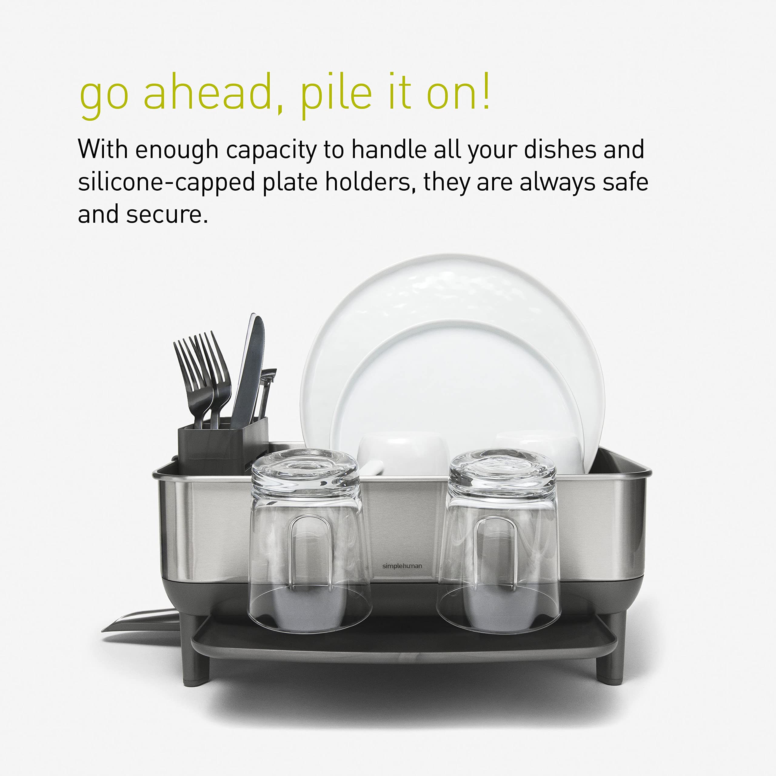 simplehuman dishrack in a small kitchen setting illustrating compact, modern utility