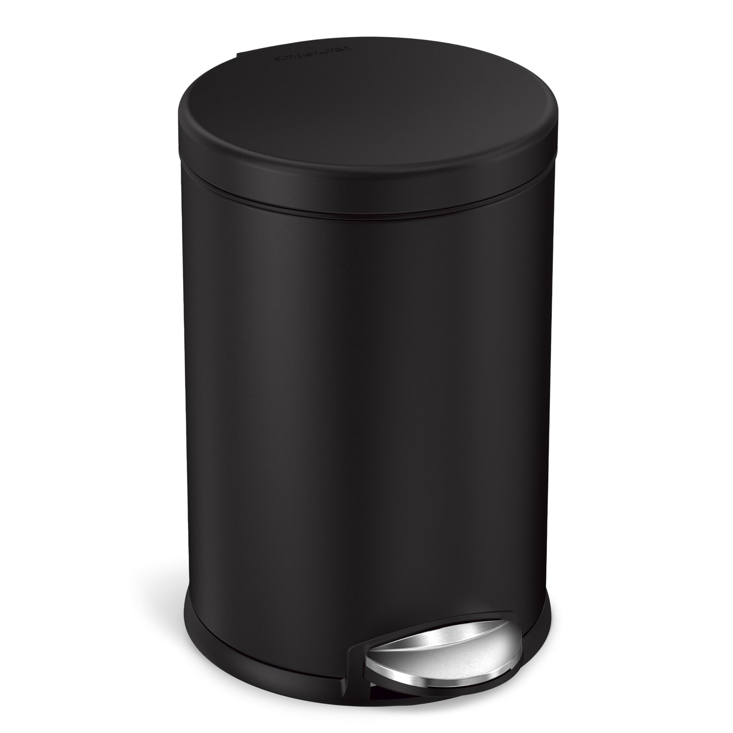 simplehuman matte black front view showing compact shape and clean lines
