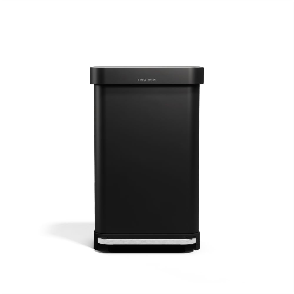 simplehuman front view showing matte black steel finish and space-saving shape