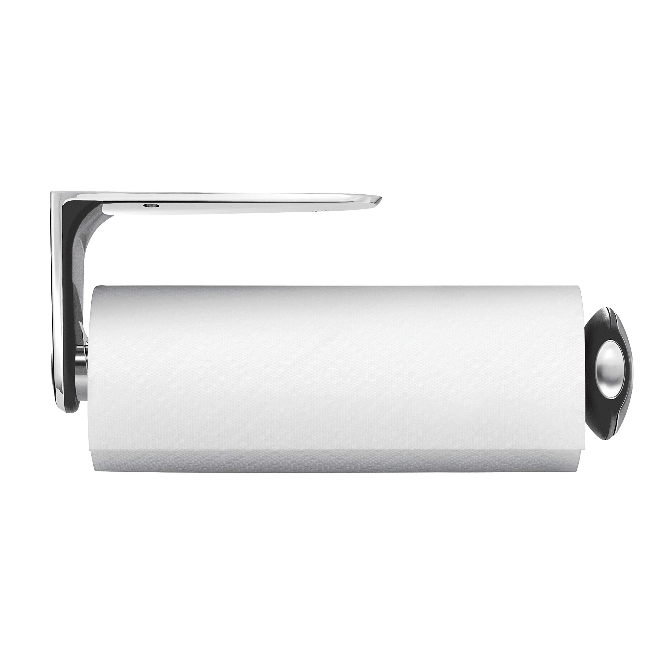 simplehuman holder front mounted under cabinet showing space-saving benefit