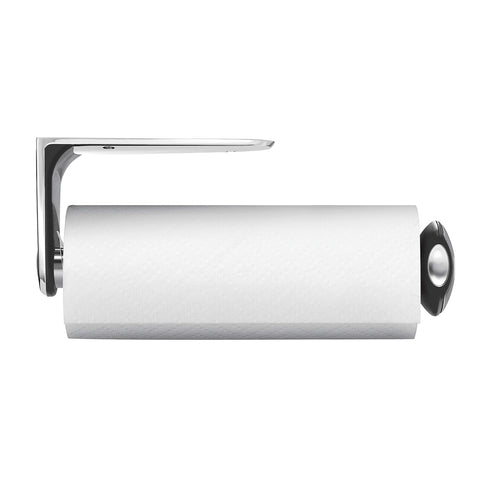 simplehuman holder front mounted under cabinet showing space-saving benefit