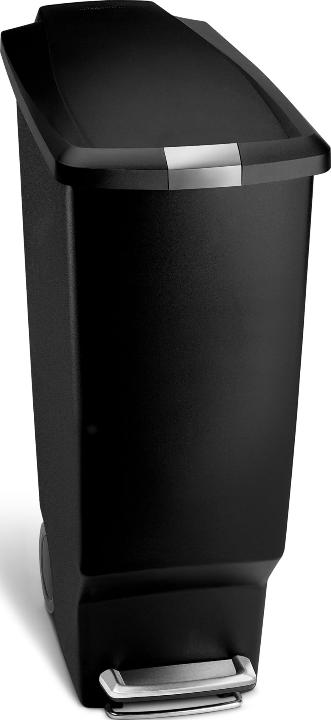 simplehuman front view black slim step can showing compact fit and tidy look